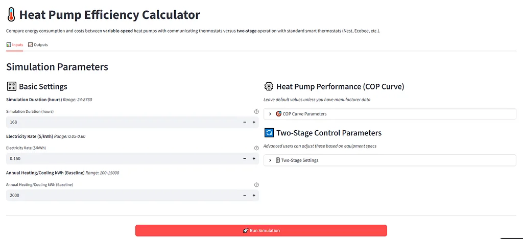 Heat Pump Efficiency Calculator interface with simulation parameters and control settings