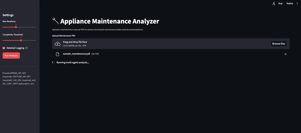 Appliance Maintenance Analyzer processing a maintenance manual through a multi-agent workflow