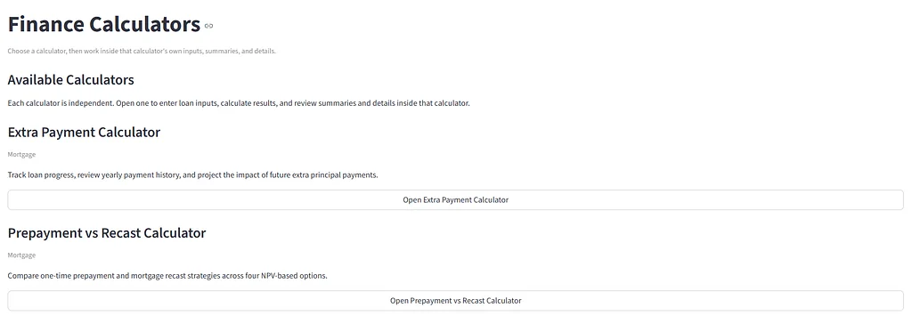 Finance Calculators interface with Extra Payment and Prepayment versus Recast tools