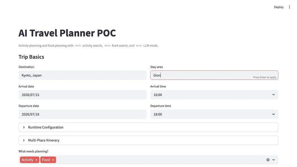 AI Travel Planner form for entering destination, dates, stay area, and planning preferences