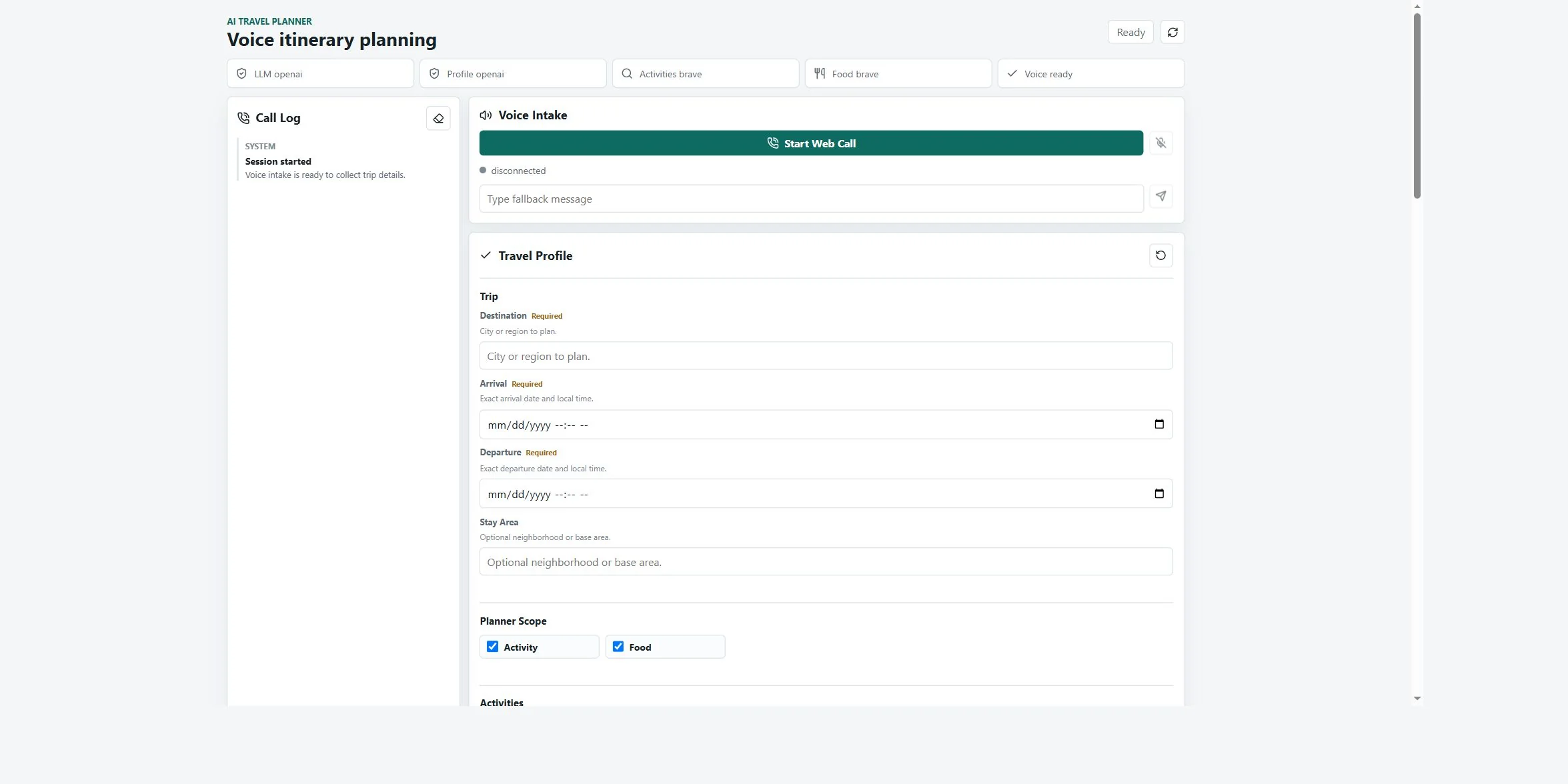 Voice-enabled AI Travel Planner with a call log, web call controls, and structured trip-profile fields